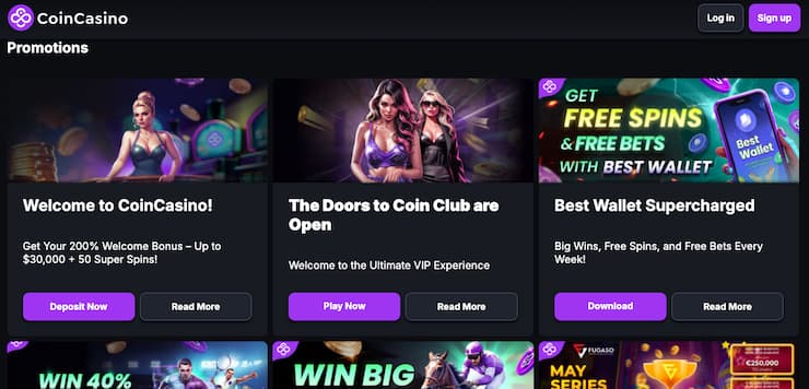 Featured promos on CoinCasino, a top online sports betting option in Arkansas.